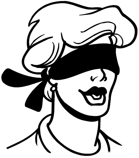 Lady wearing blindfold vinyl sticker. Customize on line. Games 044-0185